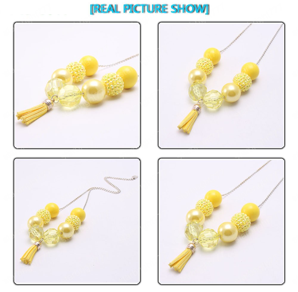 Cute Tassel Pendant Design Girls Kids Chunky Beads Necklace Yellow Bubblegum Handmade Chain Necklace Children Jewelry