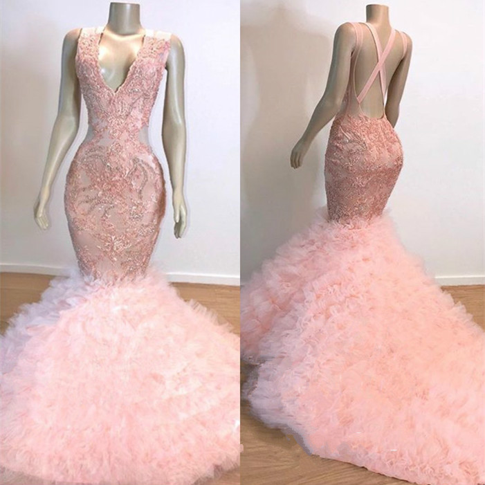 Pink Mermaid Prom Dresses V Neck Lace Appliqued Beads Sexy Backless Evening Gowns Tiered Skirts Real Picture Formal Party Dress