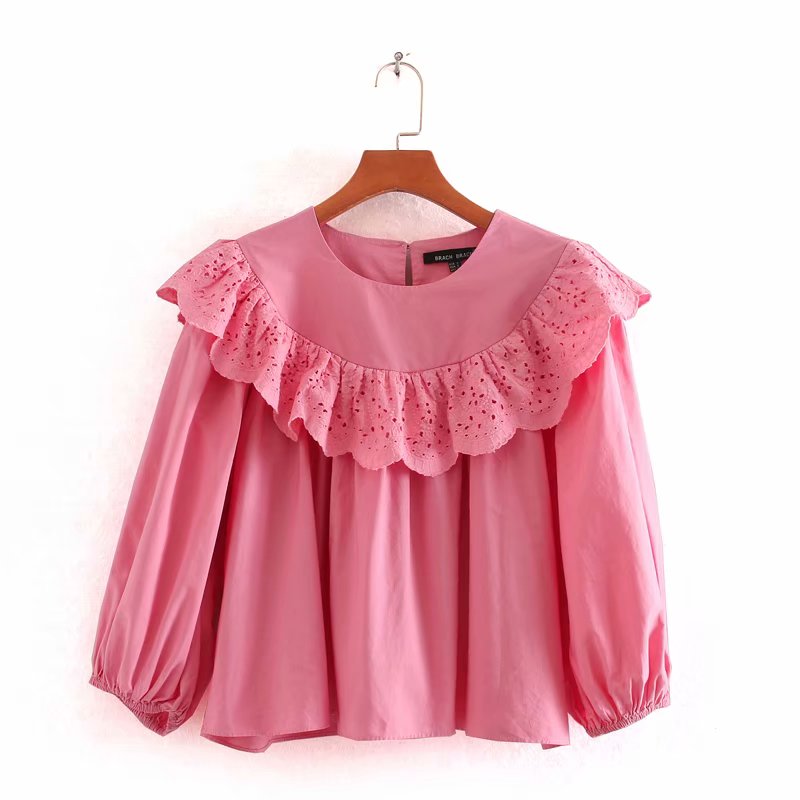 Women solid color hollow out ruffles casual smock blouse lady o neck lantern sleeve kimono chemise femininas shirts tops LS6401, As pic ls6401cc