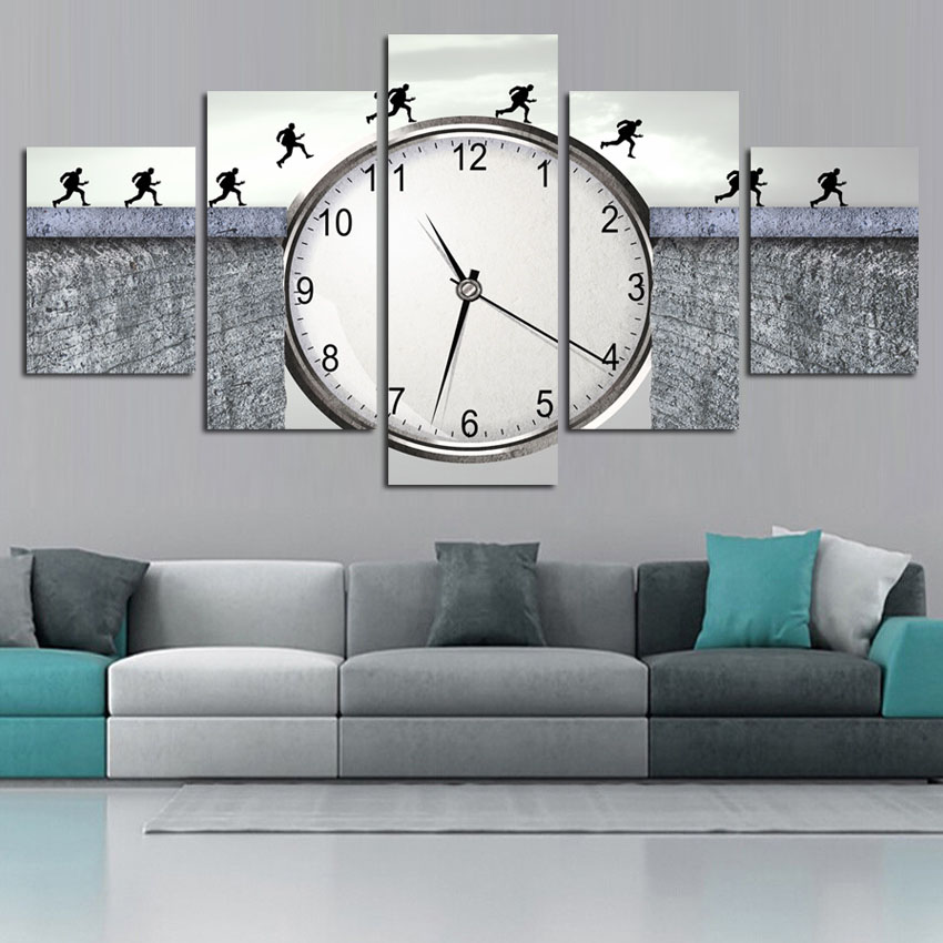 Canvas Print Painting, Classic Clock Ink Painting Landscapes Large Size Wall Picture For Living Room Home Decor No Frame