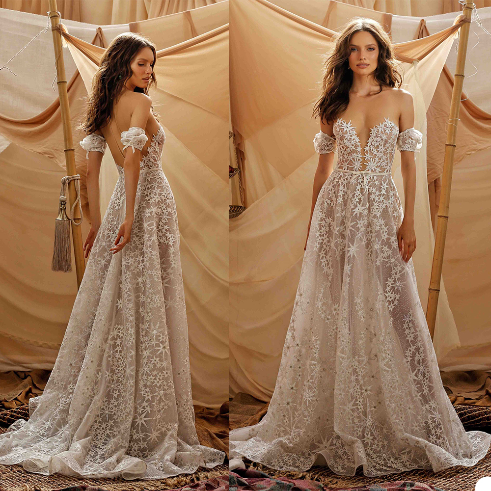 bohemian a line wedding dress tulle illusion neck lace appliqued country beach boho sweep train bridal gowns