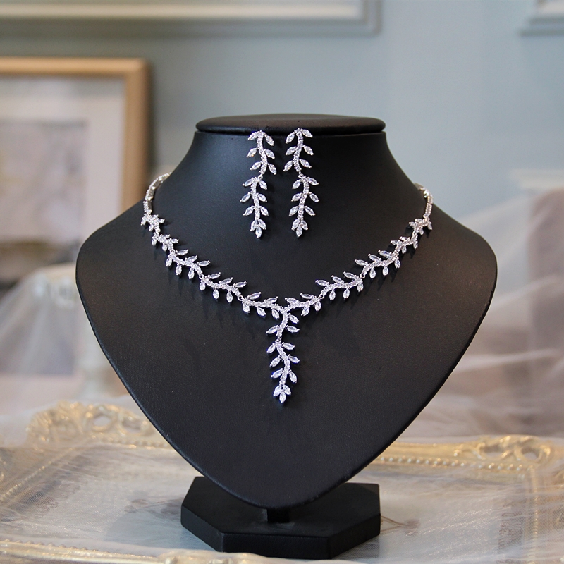 Bridal Leaf Pendant Jewellery Set Cubic Zirconia Wedding Necklace and Earrings Bridal Jewellery Set, As pic