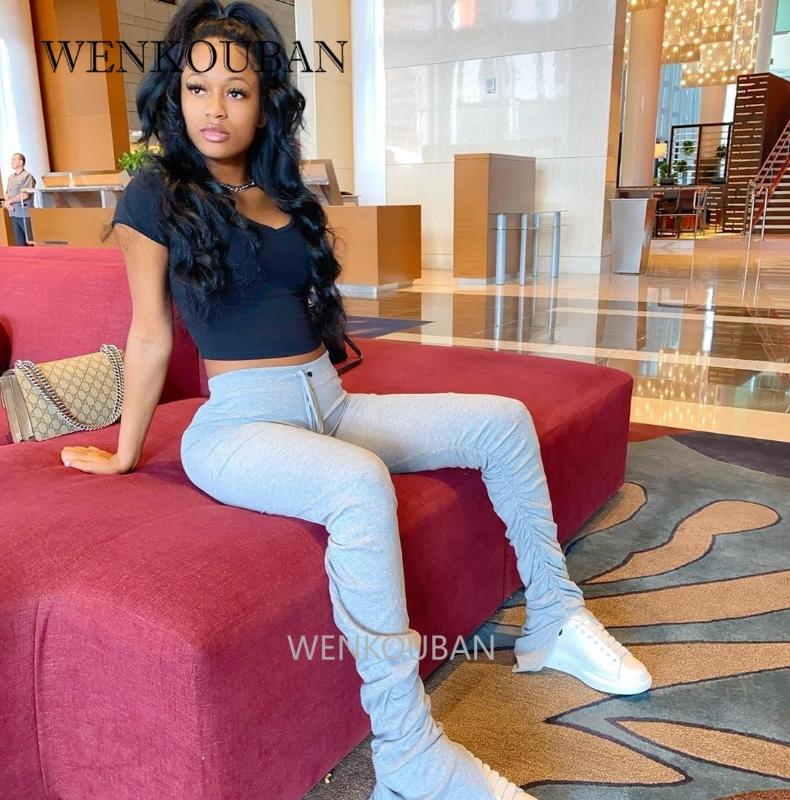 High Waist Sweatpants Women Joggers 2020 Elastic Summer Stacked Leggings Bell Bottom Trouser Split Hem Flare Ruched Pant