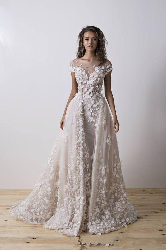 Dimitrius Dalia Mermaid Wedding Dresses with Detachable Train 2020 Cap Sleeve 3D Floral Lace Backless Beach Trumpet Bride Wedding Gown