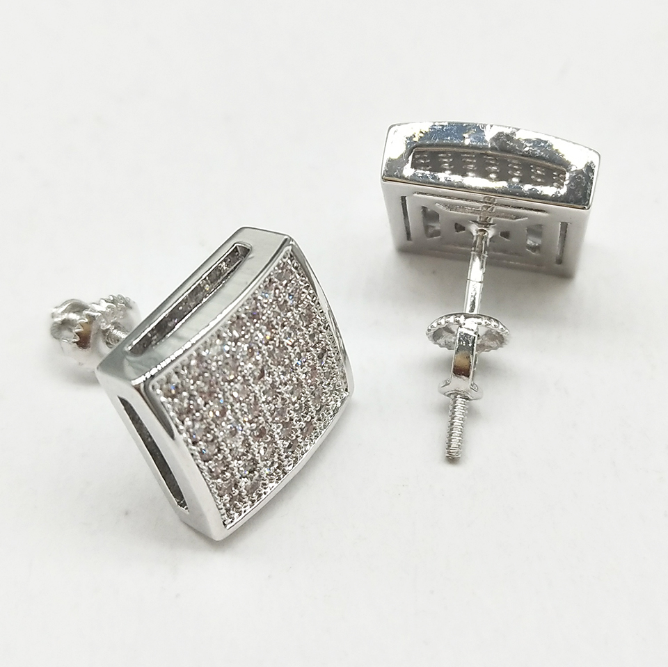 Real Gold Hiphop CZ Zircon Square Stud 0.7-1.6cm for Men Women and Girls Gifts Cubic Zirconia Iced Out Dia Earrings Studs Punk Rock Rapper Jewelry Bag