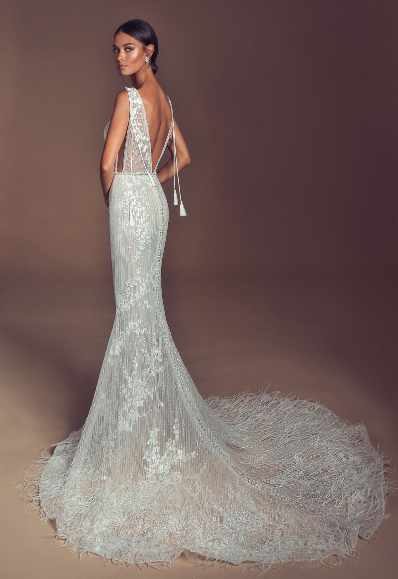 elihav sasson beading wedding dresses deep v neck luxury feather lace wedding dress bridal gowns backless beach country wedding dress