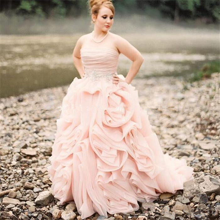 rustic country style pink wedding dresses sexy strapless organza ruffle plus size country bridal gown elegant beaded garden reception dress