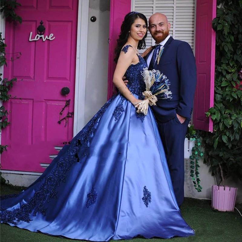 Blue Ball Gown Prom Dresses Lace up Back Appliques Long Formal Evening Party Gowns for Sweet 15 Quinceanera Dress Custom Made Cheap