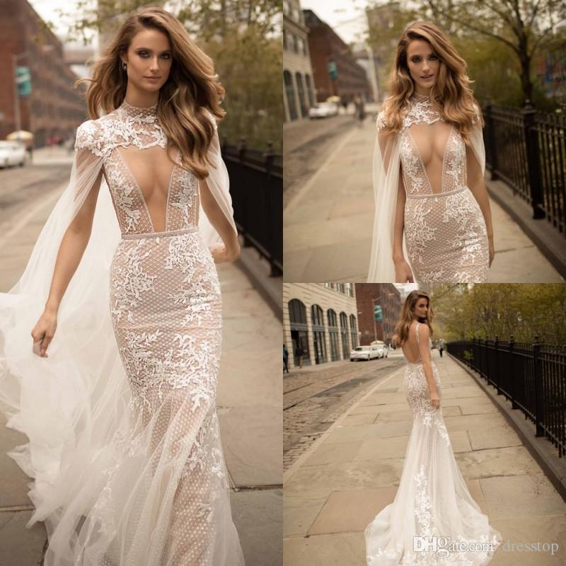 2017 Berta Lace Mermaid Wedding Dresses With Detachable Cape Plunging Neck Backless Bridal Gowns Sweep Train Tulle Appliques Wedding Dress, White
2017 Berta Lace Mermaid Wedding Dresses With Detachable Cape Plunging Neck Backless Bridal Gowns Sweep Train Tulle Appliques Wedding Dress, White