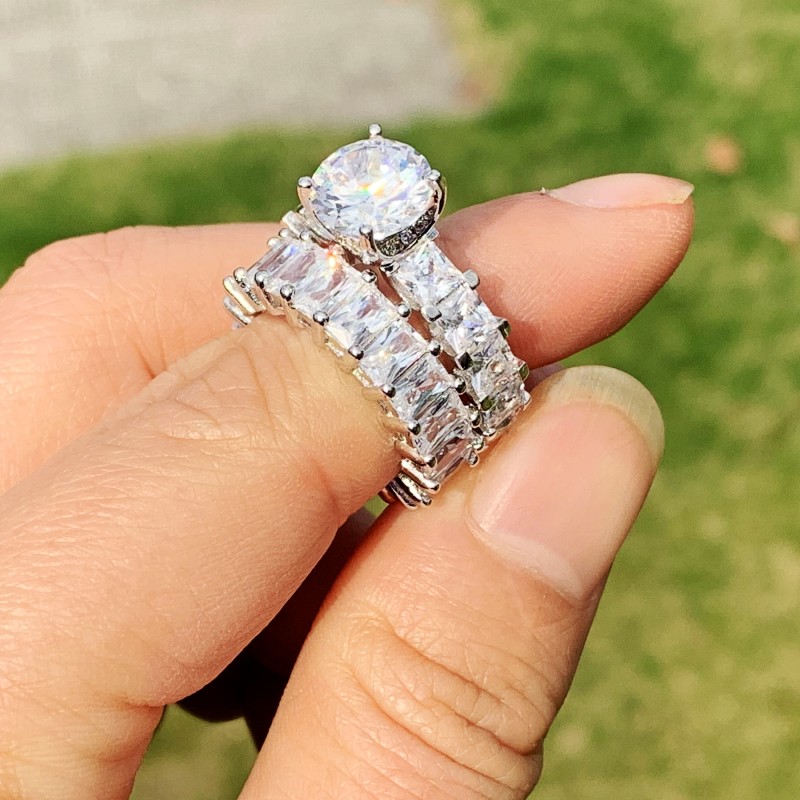 Couple Rings: Sterg Sier & Round Cut White Topaz Gemstones