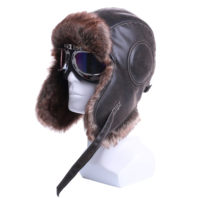 Winter Bomber Hats Plush Earflap Russian Ushanka with Goggles Men Women's Trapper Pilot Hat Faux Leather Fur Snow Caps LY191228