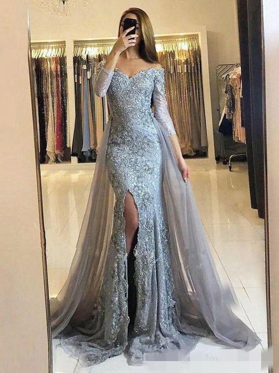Elegant Off The Shoulder Prom Dresses Long Sleeves Lace Applique Overskirt Train Tulle Side Slit Mermaid Evening Party Gowns Plus Size 401