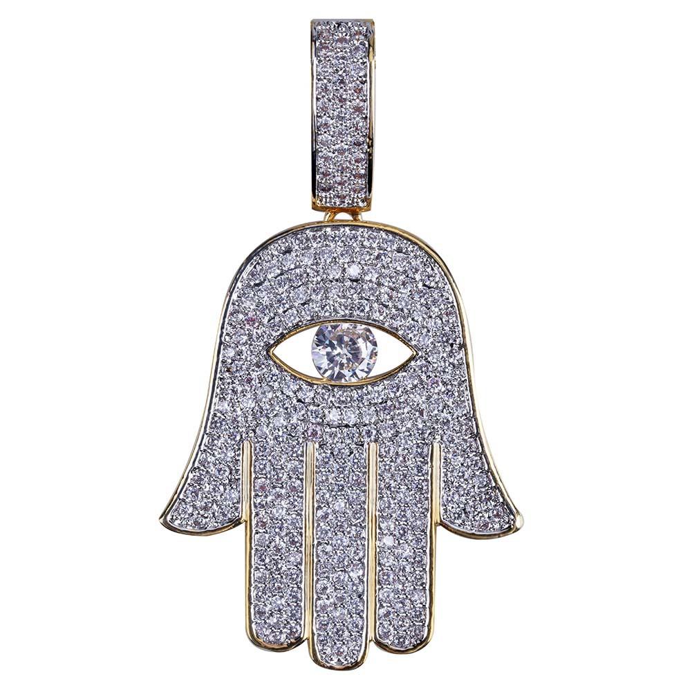 New Fashion 18K Gold Plated Copper Iced Out Fatima Hand Pendant Necklace Chain CZ Zirconia Vintage Talisman Jewelry Gifts for Men and Women