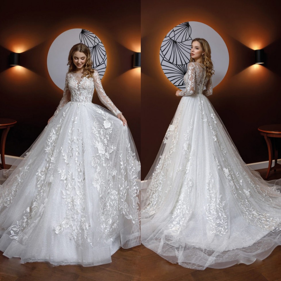 Stylish Lace A Line Wedding Dresses Sheer Bateau Neck Appliqued Long Sleeves Bridal Gowns Sweep Train Tulle robe de mariée, Dark red
Stylish Lace A Line Wedding Dresses Sheer Bateau Neck Appliqued Long Sleeves Bridal Gowns Sweep Train Tulle robe de mariée, Dark red