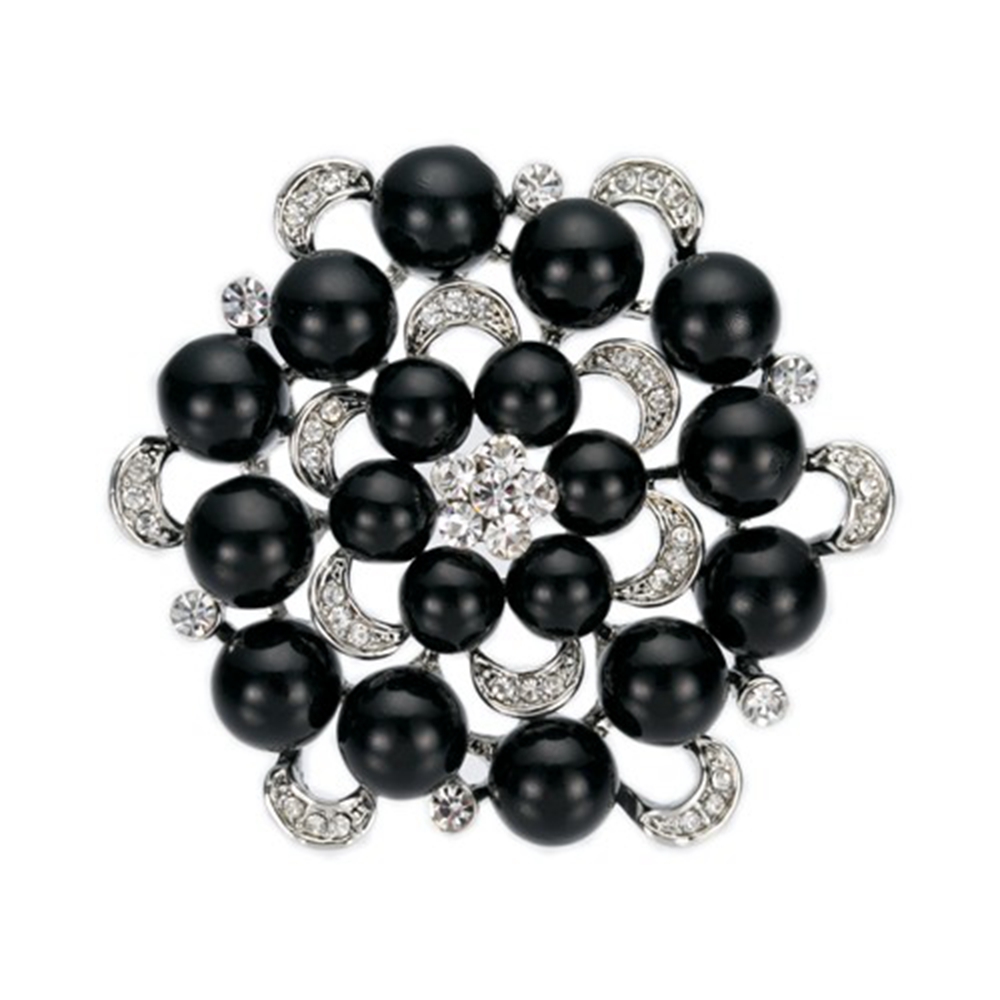 Rhodium Silver Plated Rhinestone Crystal and Pearl Bridal and Party Brooch