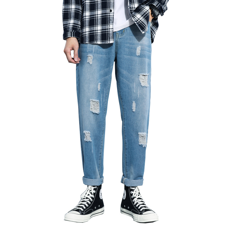 Spring and Summer Thin Fashion Hole Nine-point Jeans Men's Fashion Brand Loose Straight-tube Beggar Pants Versatile, Blue
Spring and Summer Thin Fashion Hole Nine-point Jeans Men's Fashion Brand Loose Straight-tube Beggar Pants Versatile, Blue
