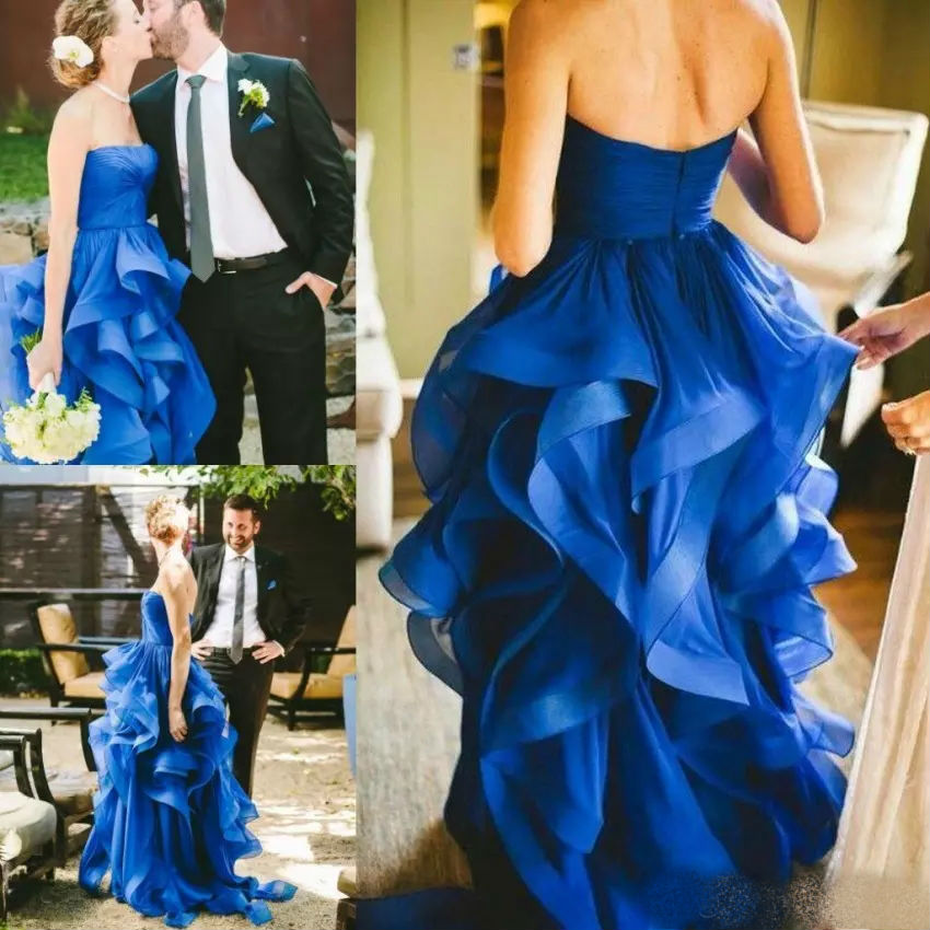 Fashion Royal Blue Wedding Dresses Strapless Tiered Ruffles Sweep Train Designer Bridal Gowns A Line Pleats Wedding Dress
