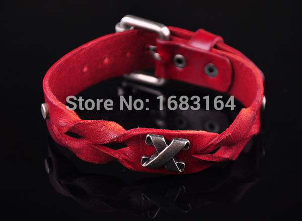 S517 RETRO METAL X STUDDED GENUINE LEATHER BRACELET WRISTBAND MEN'S Red