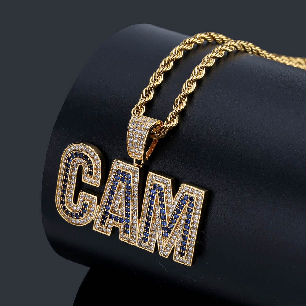 18K Gold and White Gold Plated CZ Cubic Zirconia Initial CAM Pendant Chain Necklace Hip Hop Rapper Jewelry Gifts for Men & Women Wholesale