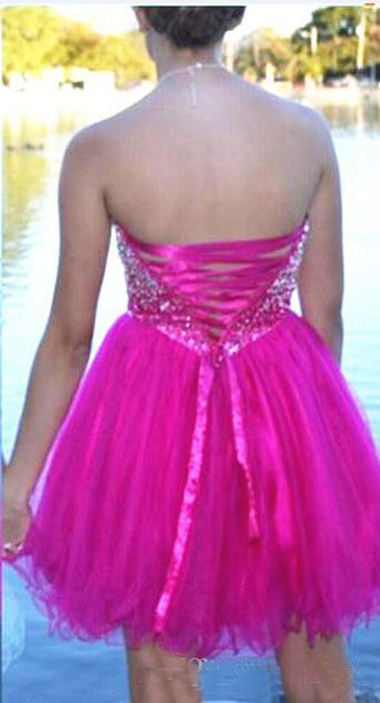 Sparkly Crystals Fuschia Homecoming Dress Sweetheart Lace up Back Tulle Short Prom Dresses Cocktail Party Gowns vestido curto Custom Made
