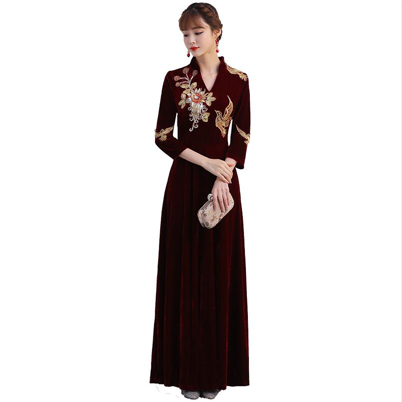 Improve Embroidery Cheongsams Chinese Style gown Spring Red Qipao Party dress Vintage Elegant Long Robe Oriental Vestido
