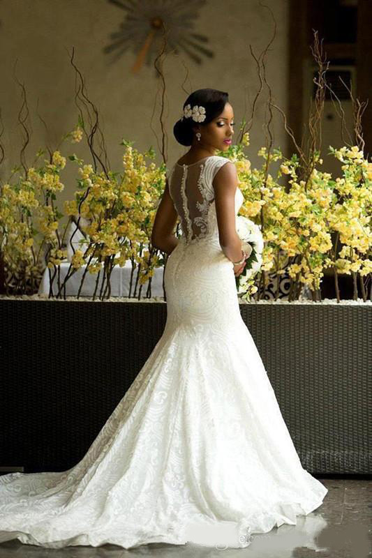 African Style Lace Wedding Dresses Sheer Neck Back Covered Buttons Bridal Gowns Plus Size Sweep Train Newest Wedding Dresses Robe De Mariee