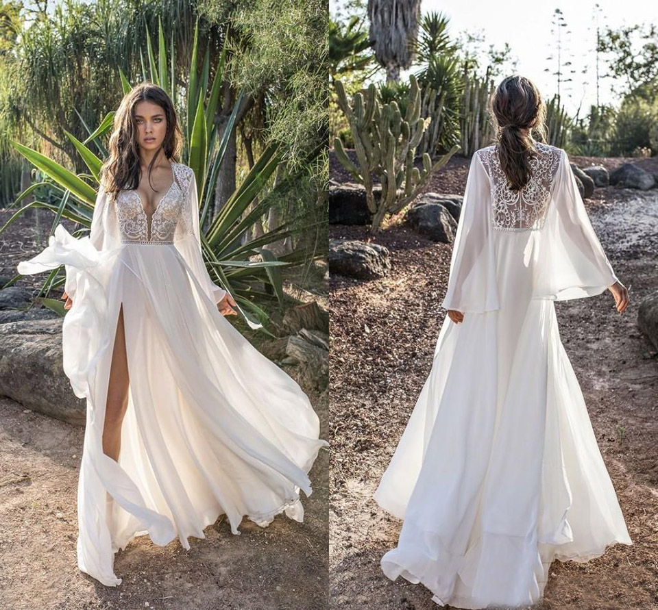 Asaf Dadush Boho Wedding Dresses With Long Lantern Sleeve Modest Lace Chiffon Sexy Split Flowy Beach Country Garden Bridal Dress Wed Dress, Champagne
Asaf Dadush Boho Wedding Dresses With Long Lantern Sleeve Modest Lace Chiffon Sexy Split Flowy Beach Country Garden Bridal Dress Wed Dress, Champagne