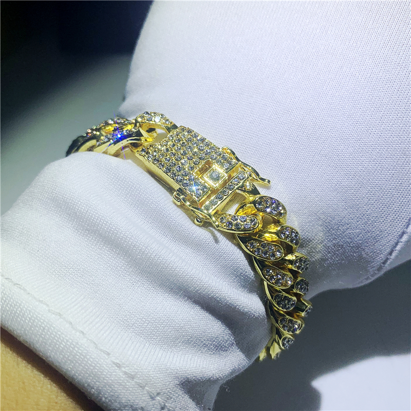 Mens Hip Hop Gold Bracelets Simulated Diamond Bracelets Jewelry Fashion Iced Out Miami Cuban Link Chain Bracelet