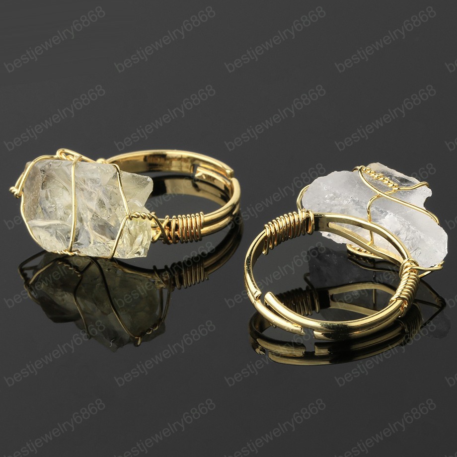 Natural Stone Irregular Wire Wrap Women Rings Healing Purple Crystal Fluorite Gold-color Resizable Fashion Finger Ring