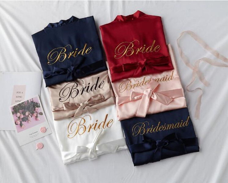 new bride bridesmaid robe with white black letters mother sister of the bride wedding gift bathrobe kimono satin robes