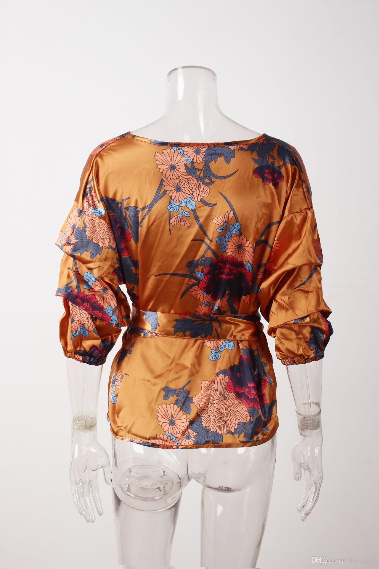 hot sale Women Blouse Sexy V Neck Floral Print Large Size Casual Belted Tunic Shirt Top Female women clothes