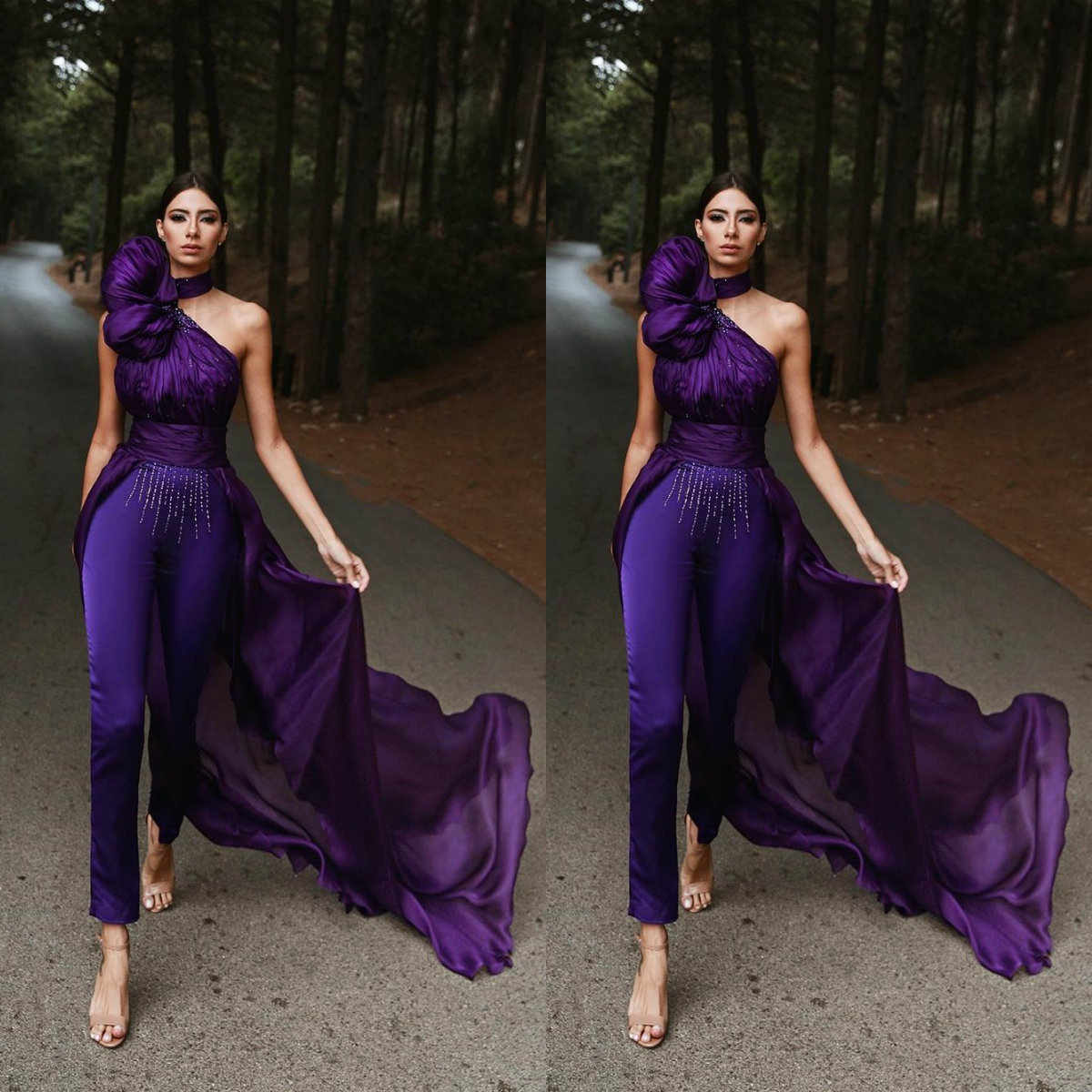 Modern Purple Prom Dresses Halter Neck Ruched Overskirt Women Jumpsuits Ankle Length Occasion Party Dress 2020 Evening Gowns