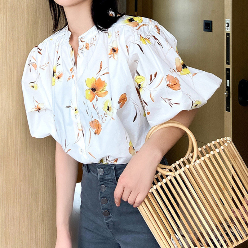 Women Cotton Lantern Sleeve Blouse Yellow Flower Printing O-neck Spring/Summer 2020 New Female Shirt Top with Button, As pic
Women Cotton Lantern Sleeve Blouse Yellow Flower Printing O-neck Spring/Summer 2020 New Female Shirt Top with Button, As pic