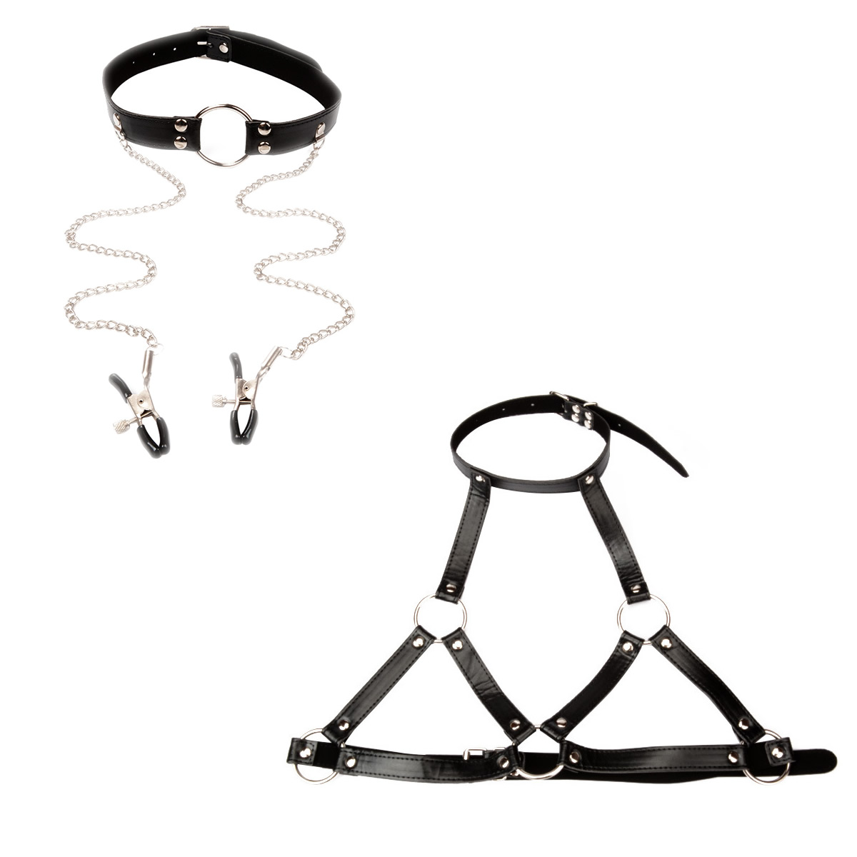 Nouveau design Bondage Gear Set Bouche Gag Harnais de tête avec Nipple Clamps et harnais de retenue du sein Faux cuir Costume érotique B0302022