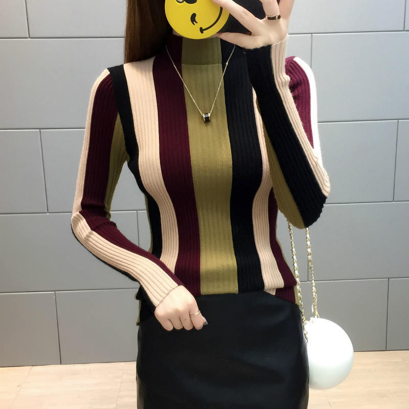 Neploe Rainbow Stripe Sweater Contrast Knitted Pullover 2019 Long Sleeve Turtleneck Knitwear Fashion Slim Women Jumper 34381 LY191225