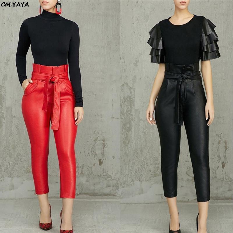 women new sashes high wasit ruffles faux leather PU ankle length pencil skinny pants fashion red black trousers GLCX093, Black;white
women new sashes high wasit ruffles faux leather PU ankle length pencil skinny pants fashion red black trousers GLCX093, Black;white