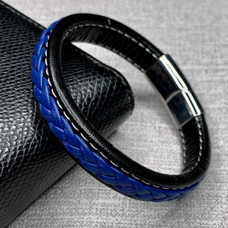Braided Black Blue Leather Bracelet Men Fashion Stainless Steel Magnetic Buckle Male Wrist Band Charm Bracelets Bangles Gifts