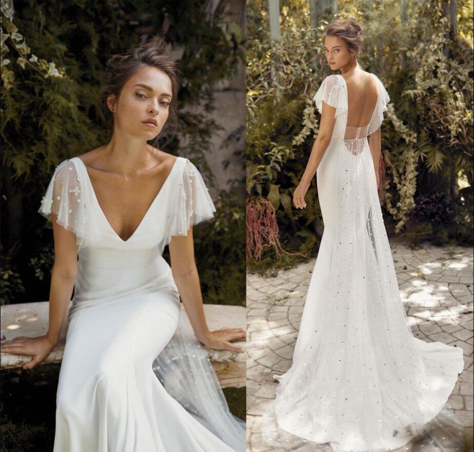 Lihi Hod Mermaid Wedding Dresses Sequins Short Sleeve V Neck Sequined Backless Sweep Train Wedding Dress Bridal Gowns Vestidos De Noiva