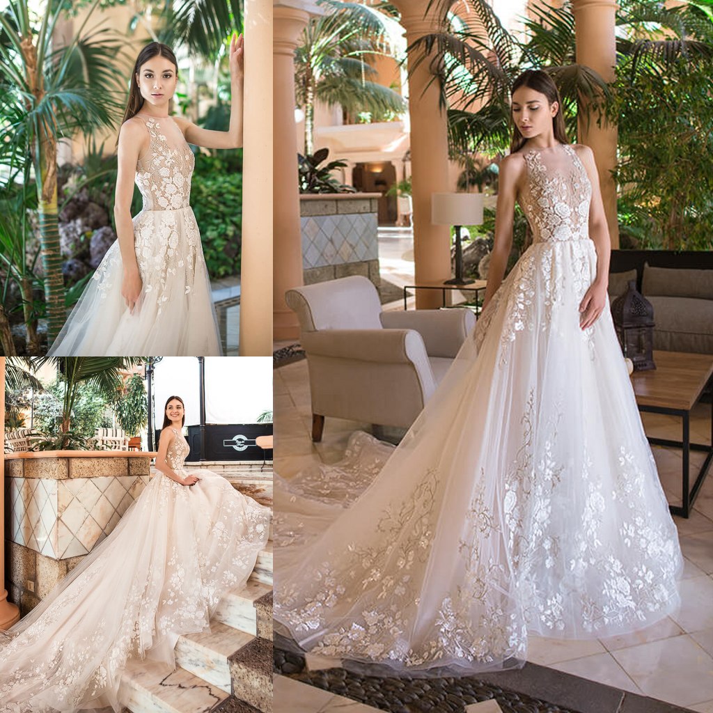 Oksana Mukha Wedding Dresses Sleeveless Illusion Bodice Lace Applique Bridal Gowns Custom Made Sweep Train robes de mariée