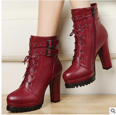 Hot Sale-Black Leather Motorcycle Boots For Women High Platform Thick Heel Ankle Boots Stylish Cool Shoes Christma