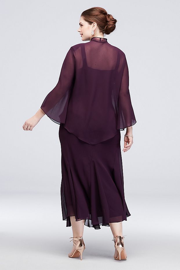 Grape Mermaid Plus Size Beaded Mother Of The Bride Dresses With Long Sleeves Jackets Wedding Guest Dress Tea Length Chiffon Evening Gowns