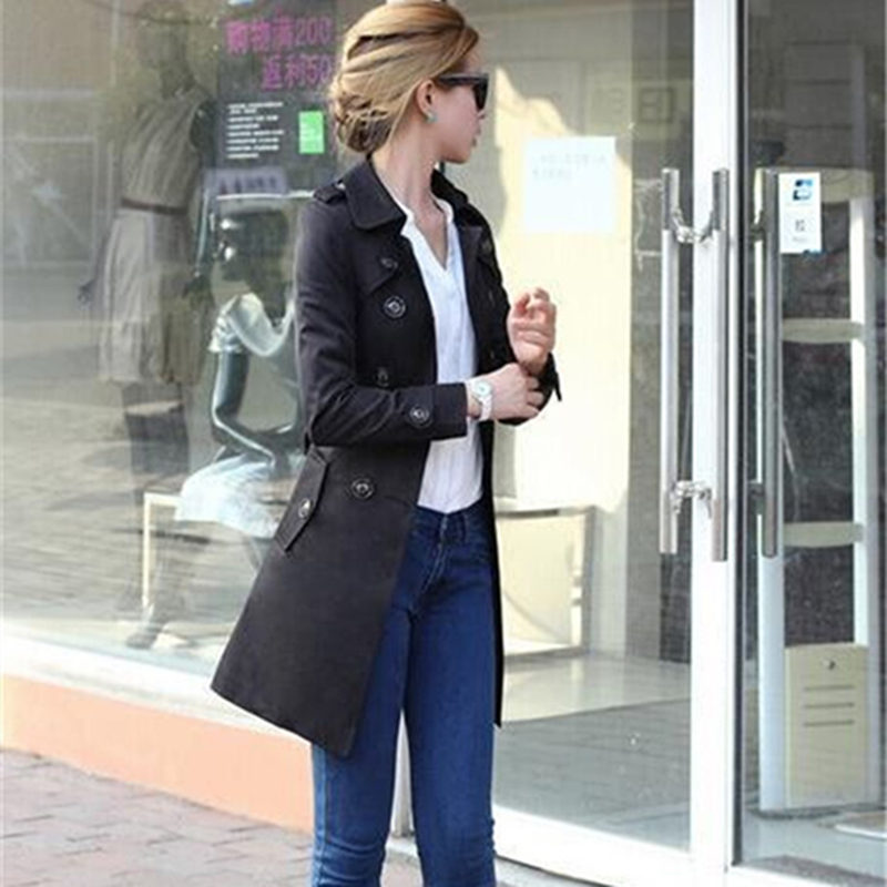 New Fashion Hot Sale Women Slim Charm Double Breasted Female Long Trench Turn Down Collar Solid Pattern Trench TR050