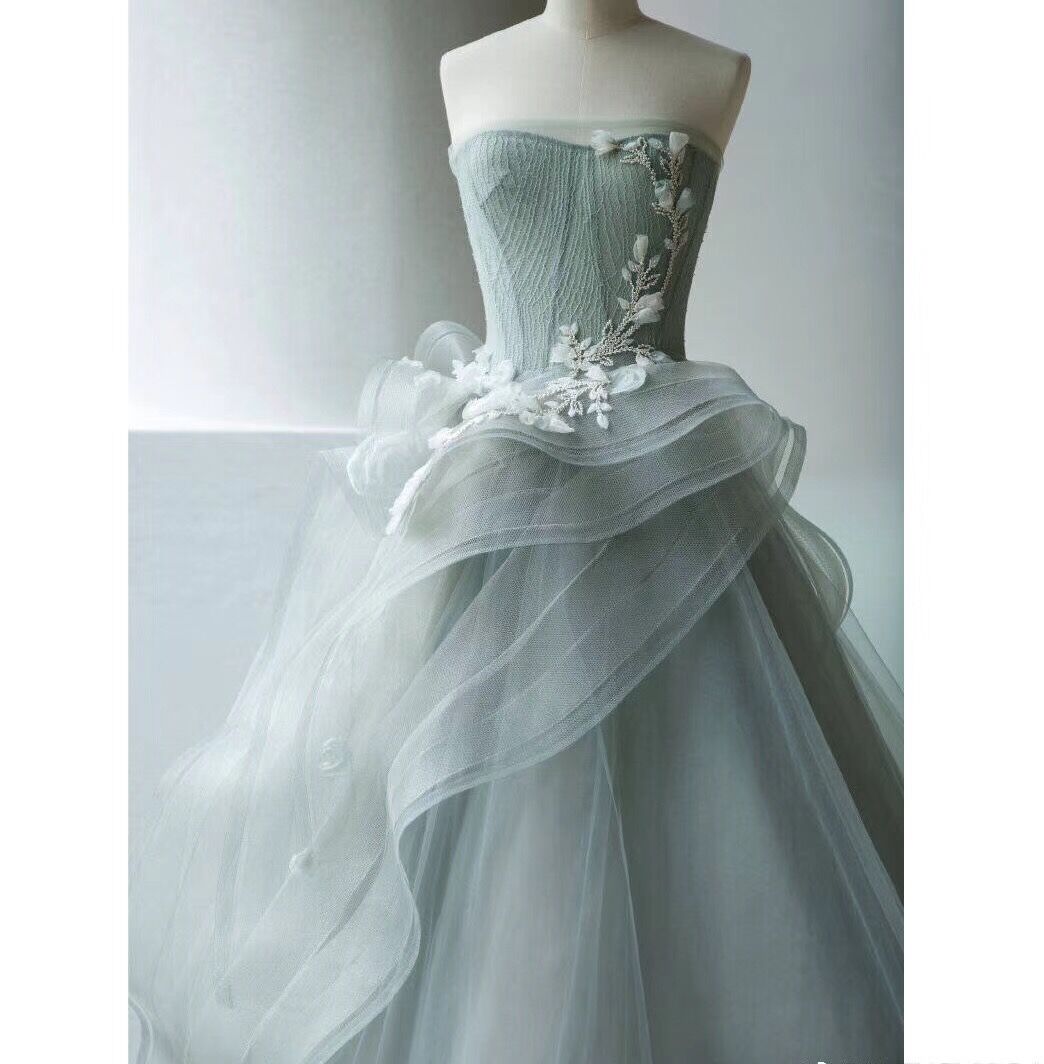 Strapless Sage Ball Gown Prom Dress Lace-up/Zipper Back Sweep Train Evening Gowns