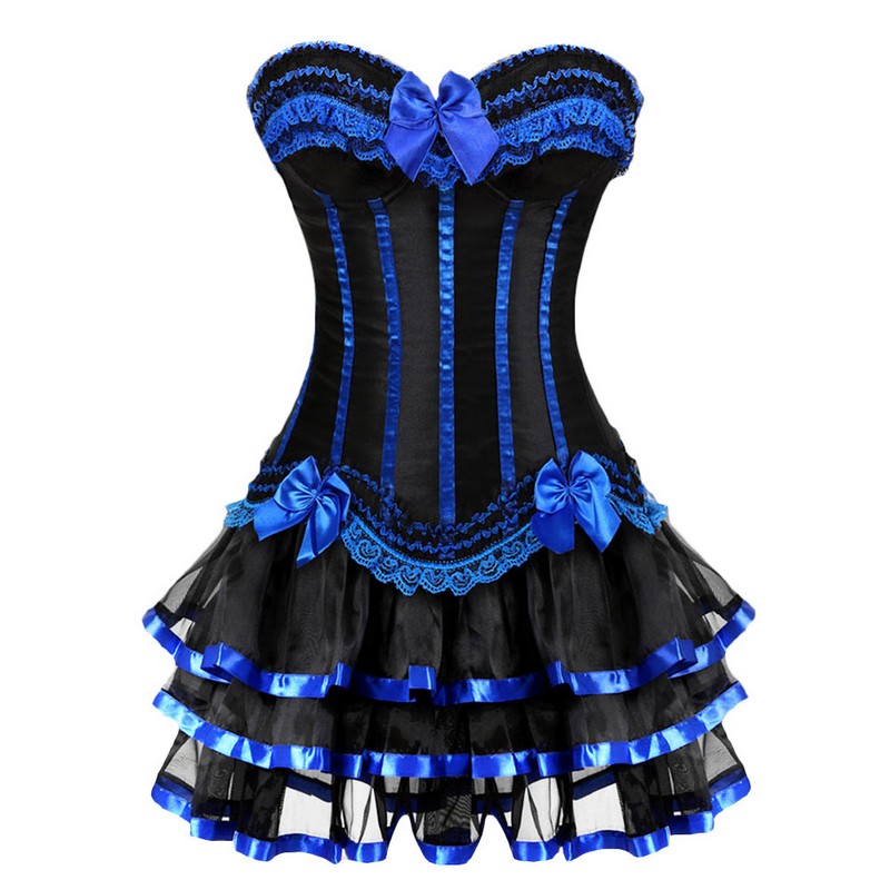 Tiered Lacy Ruffle Satin Overbust Corset with Black Contrast Mini Layered Skirt Women Burlesque Corset Skirt Outfit Big Plus Size S-6XL Mult