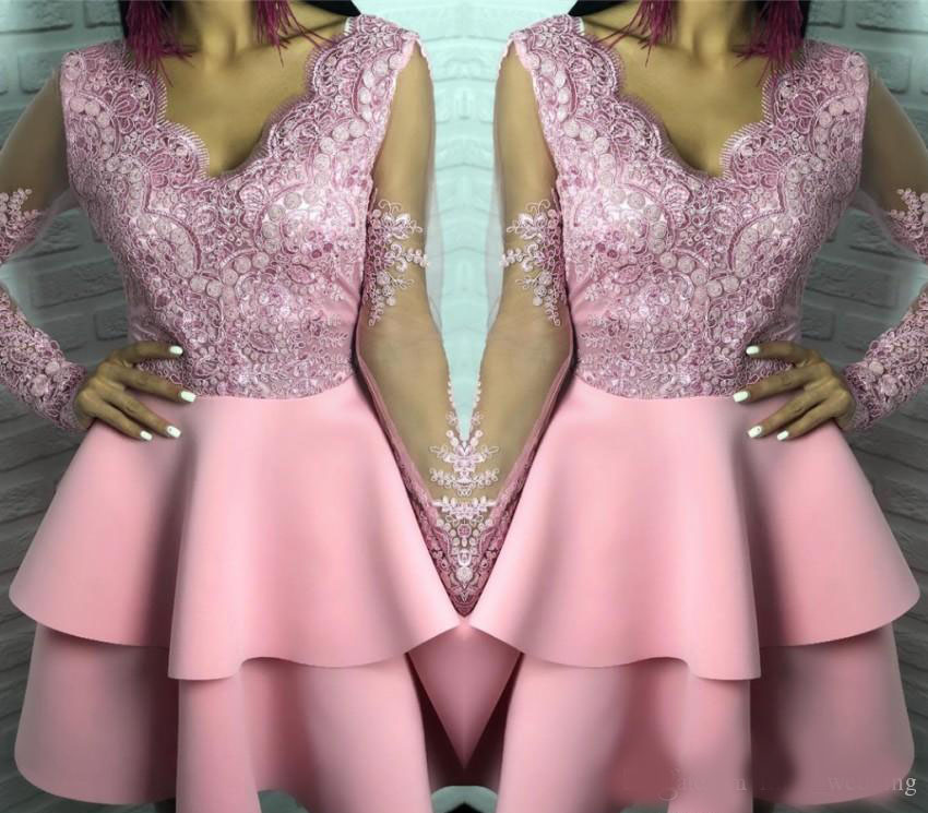 Sexy Pink Cocktail Dress 2020 Arabic Dubai Style Long Sleeves Knee Length Formal Club Wear Homecoming Prom Party Gown Plus Size Custom Made