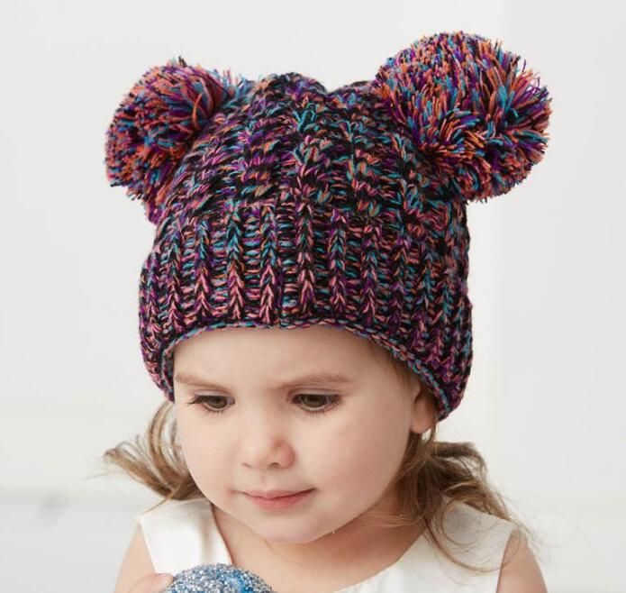 Kid Knit Crochet Beanies Hat Girls Soft Double Balls Winter Warm Hat 13 Colors Outdoor Baby Pompom Ski Caps GB1559