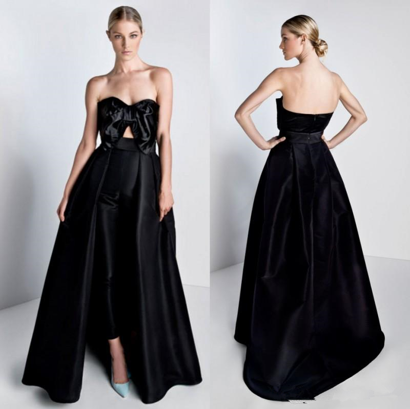 Black Jumpsuits Prom Dresses Sweetheart Satin Pants Suits With Detachable Train Evening Gowns Formal Wear Cooktail Dress Abendkleider