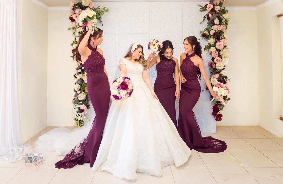 Mermaid Bridesmaids Dresses Grape Cheap Country Halter Sleeveless Lace Appliques Beads Open Back Plus Size Long Wedding Guest Gowns