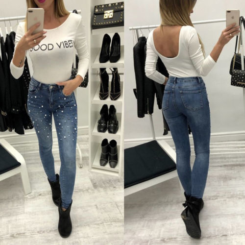 Women Denim Skinny Ripped Pants Black Blue High Waist Stretch Jeans Long Pencil Trousers C19032501