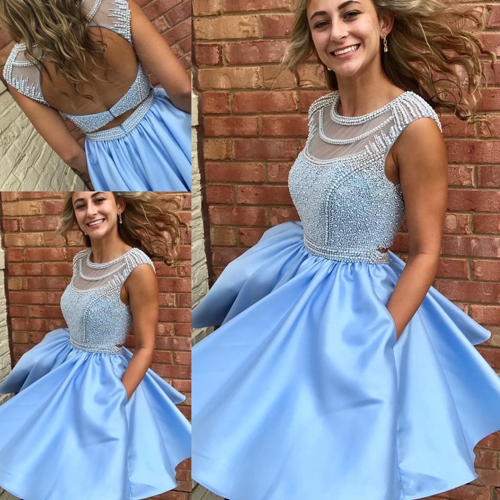 Fabulous Spring 2019 Short Prom Dresses Jewel Neck Open Back Heavy Pearls Beading Bodice Mini Sky Blue Homecoming Dresses with Pockets